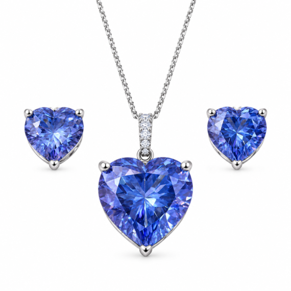 Conjunto Coração Tanzanita Luxo Prata 925