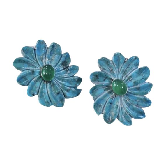 Brinco Flor Turquesa Azul Natural Miolo Jade Verde