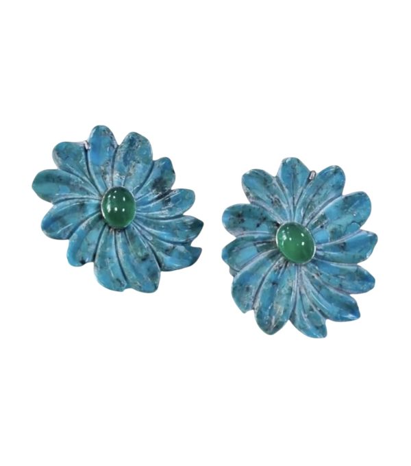 Brinco Flor Turquesa Azul Natural Miolo Jade Verde