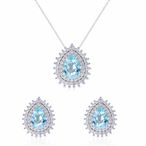 Conjunto Gota Água Marinha Zircônias  Prata 925
