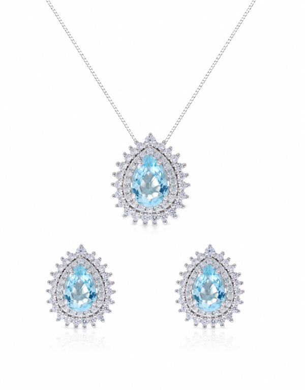 Conjunto Gota Água Marinha Zircônias  Prata 925