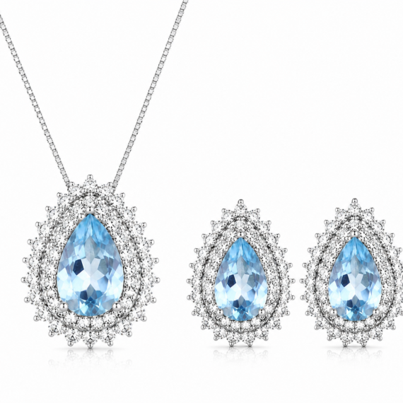 Conjunto Gota Água Marinha Zircônias  Prata 925