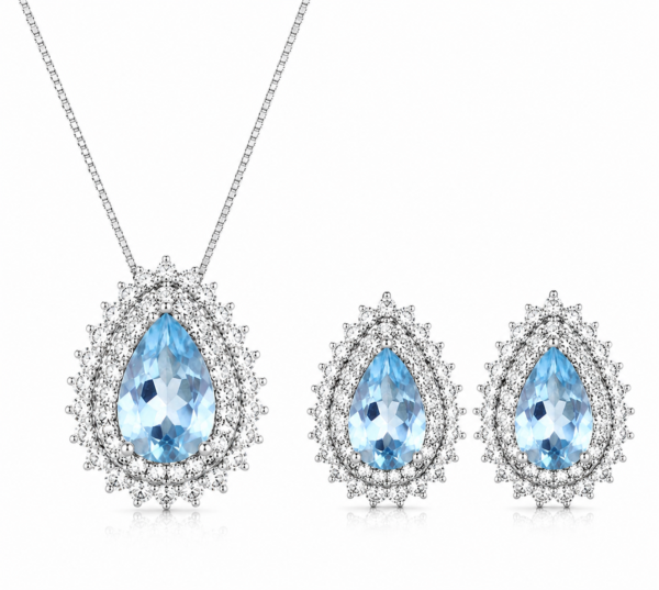 Conjunto Gota Água Marinha Zircônias  Prata 925