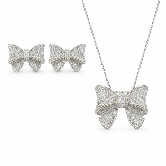 Conjunto Laço Luxo Zircônias Brancas Prata 925