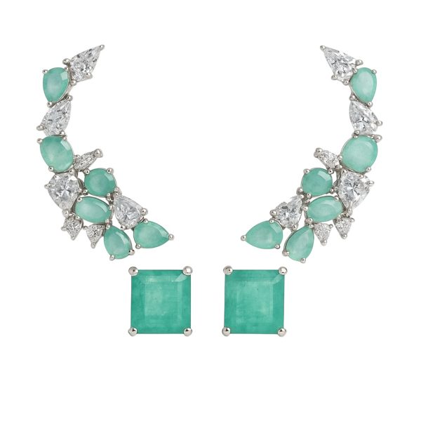 Brinco Ear Cuff Luxuoso Esmeralda Colombiana Fusion Prata 925