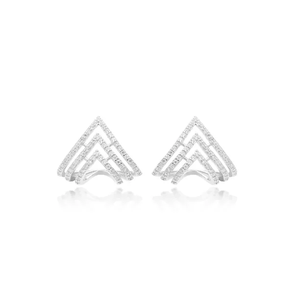 Brinco Triplo Triângulos Zircônias Brancas Prata 925