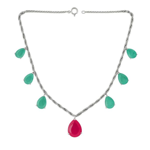 Colar  Ajustável Gotas Esmeralda Colombiana/ Pink Prata 925