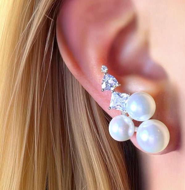 Brinco Ear Cuff Três Pérolas Brancas Prata 925 - Imagem 2
