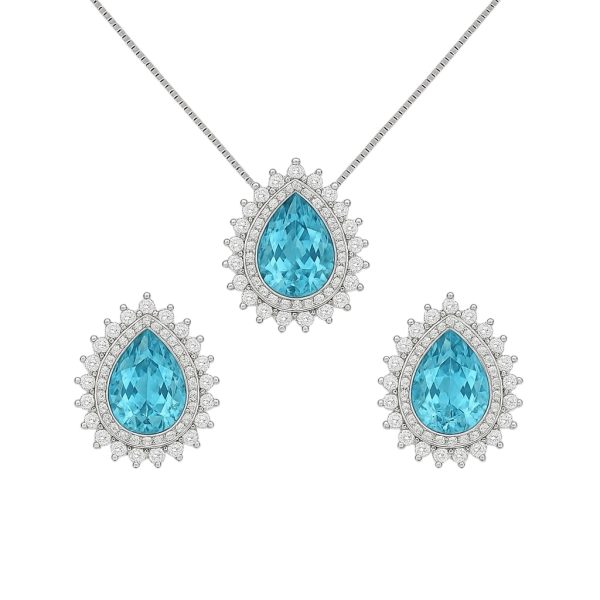 Conjunto Gota Água Marinha Zircônias  Prata 925