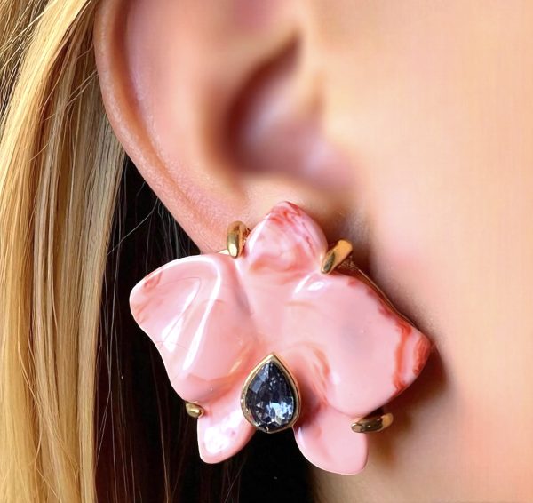 Brinco Orquídeas Rosa  Pintado a Mão Ouro - Imagem 2