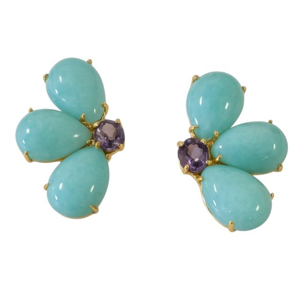 Brinco Meia Flor Turquesa Azul Miolo Ametista Ouro