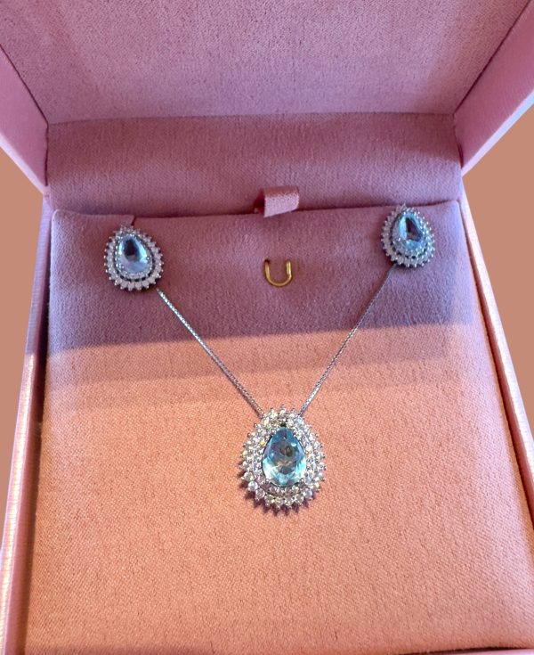 Conjunto Gota Água Marinha Zircônias  Prata 925 - Imagem 2