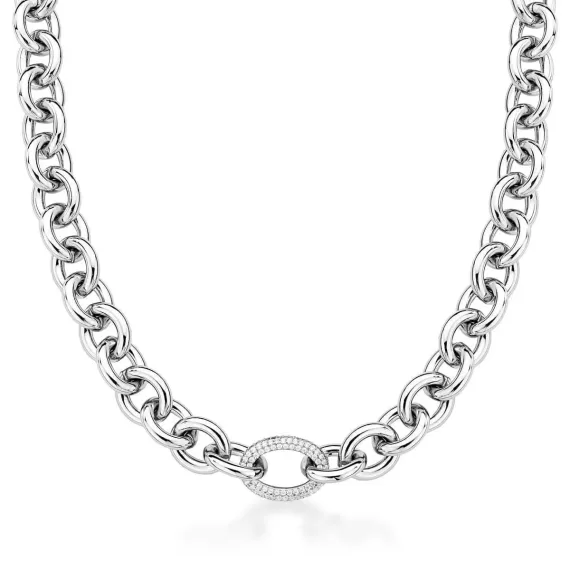 Colar Elos Ovais Lisos e Cravejado Silver