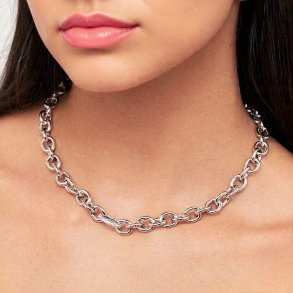 Colar Elos Ovais Lisos e Cravejado Silver - Imagem 2