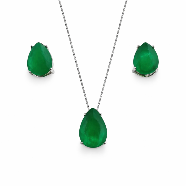 Conjunto Gota Menor Esmeralda Fusion Prata 925