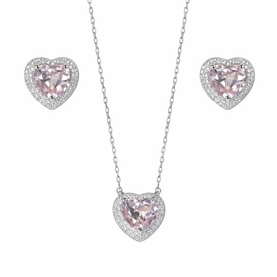 Conjunto Coração Morganita  Zircônias Prata 925