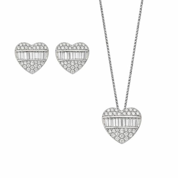 Conjunto Coração Baguettes  Zircônias Prata 925