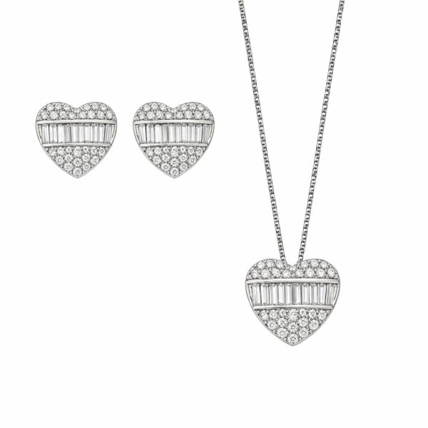 Conjunto Coração Baguettes  Zircônias Prata 925