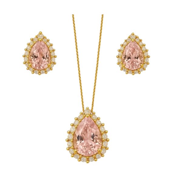 Conjunto Gota Kunzita  Ouro Prata 925  