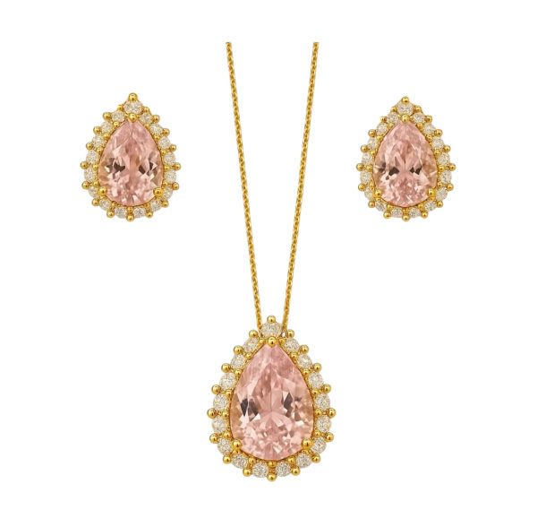 Conjunto Gota Kunzita  Ouro Prata 925  