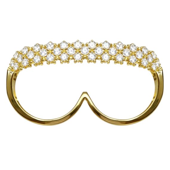 Anel Duplo Dois Dedos Zirc&ocirc;nias Cravejadas Ouro Joias