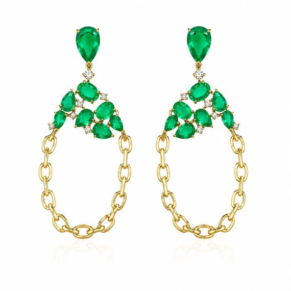 Brinco Correntes Esmeralda Colombiana Ouro Prata 925