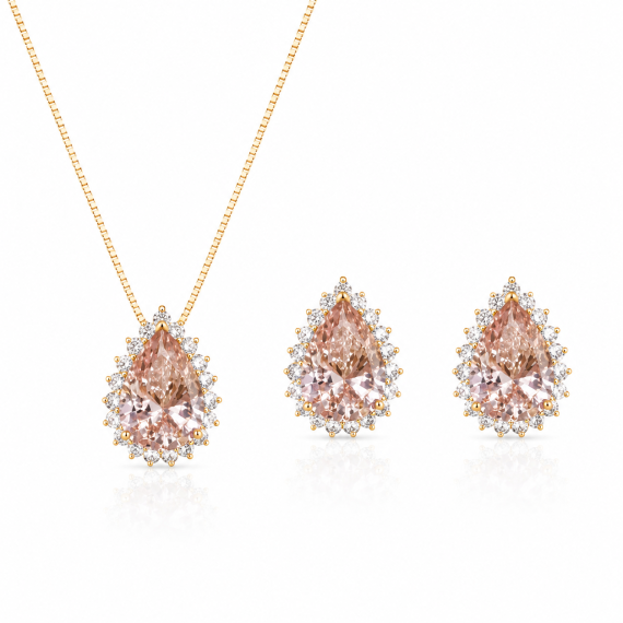 Conjunto Gota Kunzita  Ouro Prata 925  
