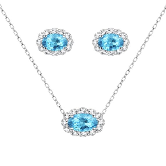 Conjunto Oval Água Marinha Zircônias  Prata 925