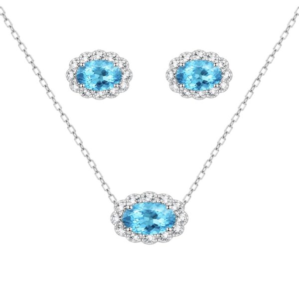 Conjunto Oval Água Marinha Zircônias  Prata 925