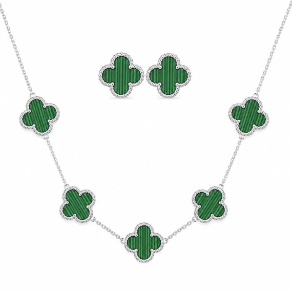 Conjunto Trevo Malaquita Verde Prata 925