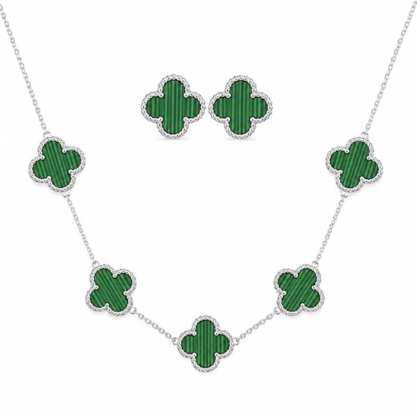 Conjunto Trevo Malaquita Verde Prata 925
