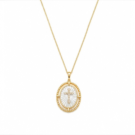 Colar Pingente Oval Madre Perola Ouro Moissanite