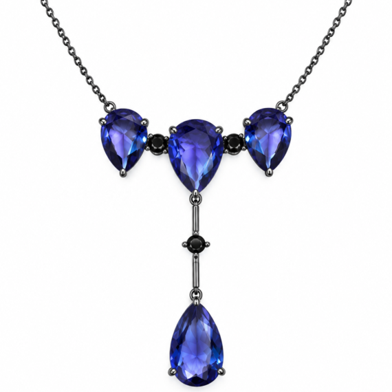 Colar Pendente Gotas Tanzanita Negros  Prata 925