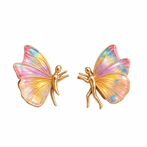 Brinco Borboletas Menor Rainbow Pintado a Mão Ouro