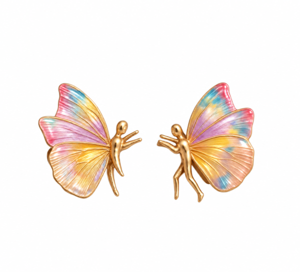 Brinco Borboletas Menor Rainbow Pintado a Mão Ouro