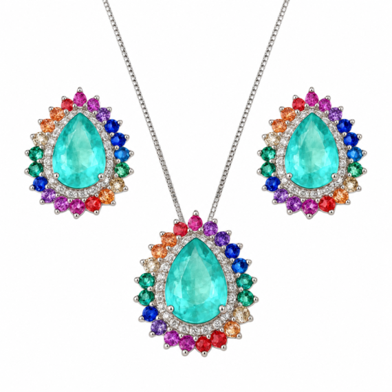 Conjunto Gota Colombiana Fusion Rainbow  Prata 925