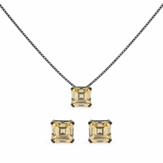 Conjunto Delicado Quadradinho Citrino Negro Prata 925