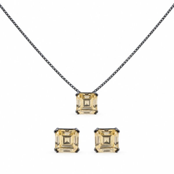 Conjunto Delicado Quadradinho Citrino Negro Prata 925