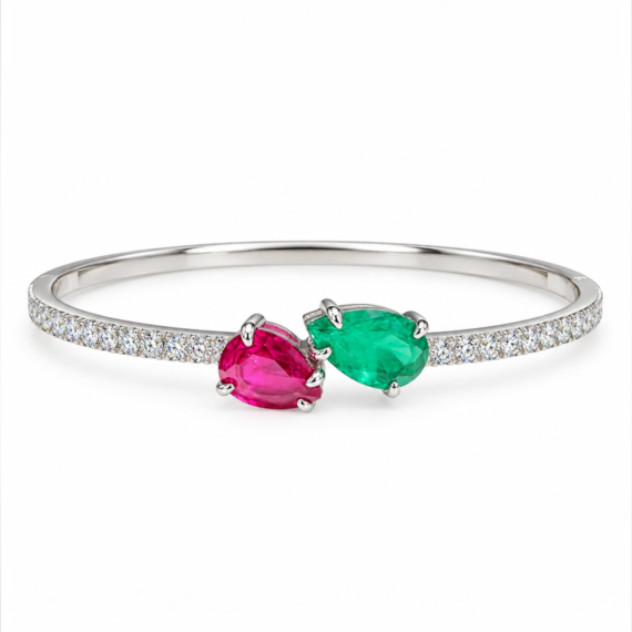 Pulseira Bracelete Duas Gota Esmeralda e Rubi Cravejada