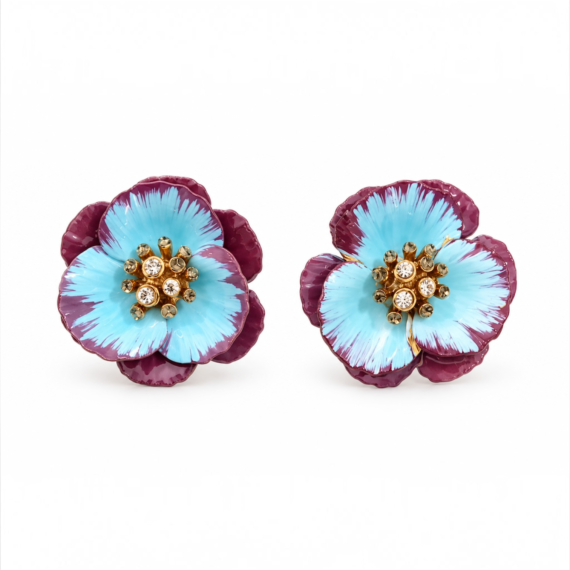 Brinco Flor Turquesa/Roxo Ouro Pintado a Mão